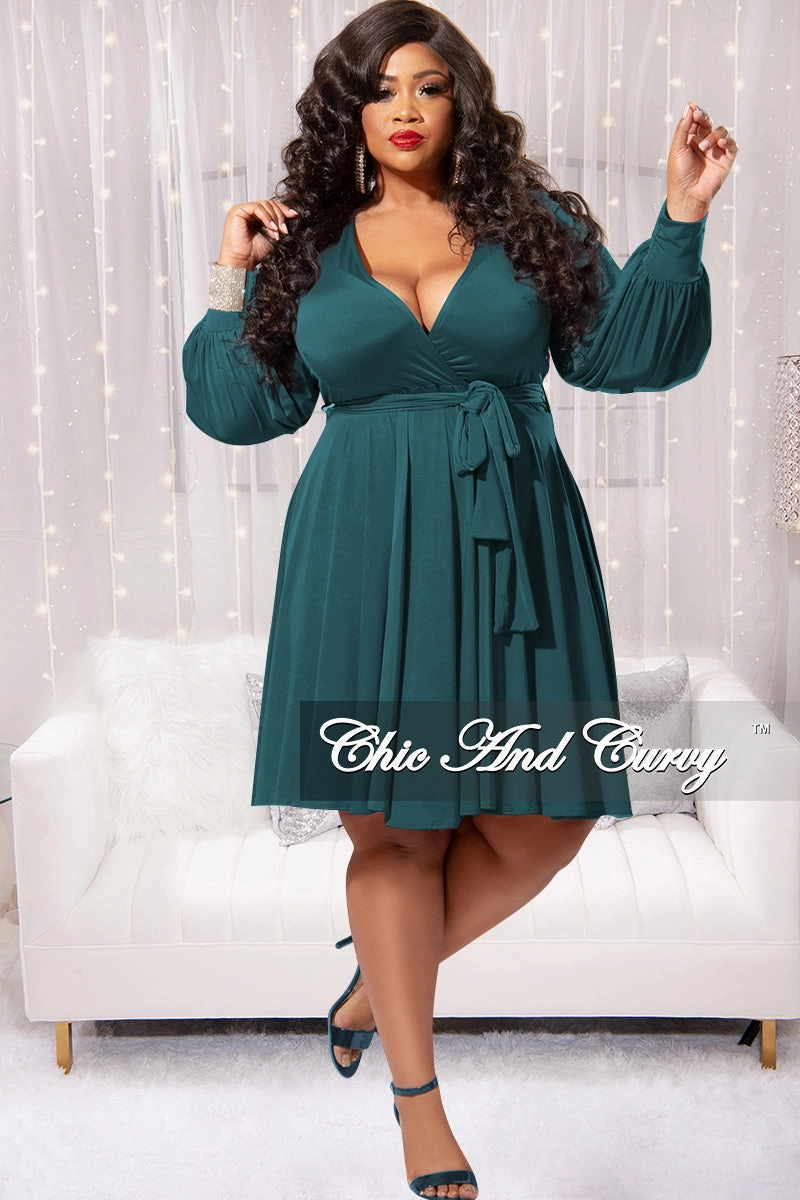 Final Sale Plus Size Long Sleeve Faux Wrap Skater Dress in Hunter Green EasyCareFabric
