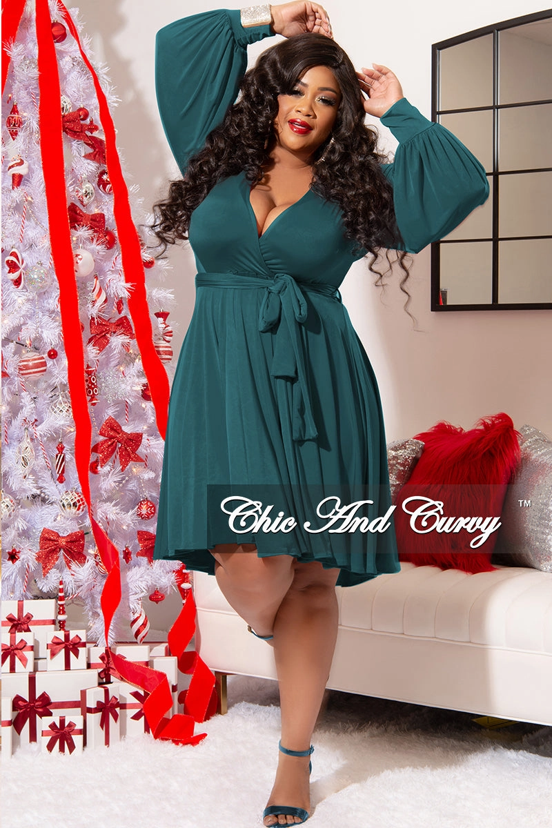Final Sale Plus Size Long Sleeve Faux Wrap Skater Dress in Hunter Green Eco Conscious Production
