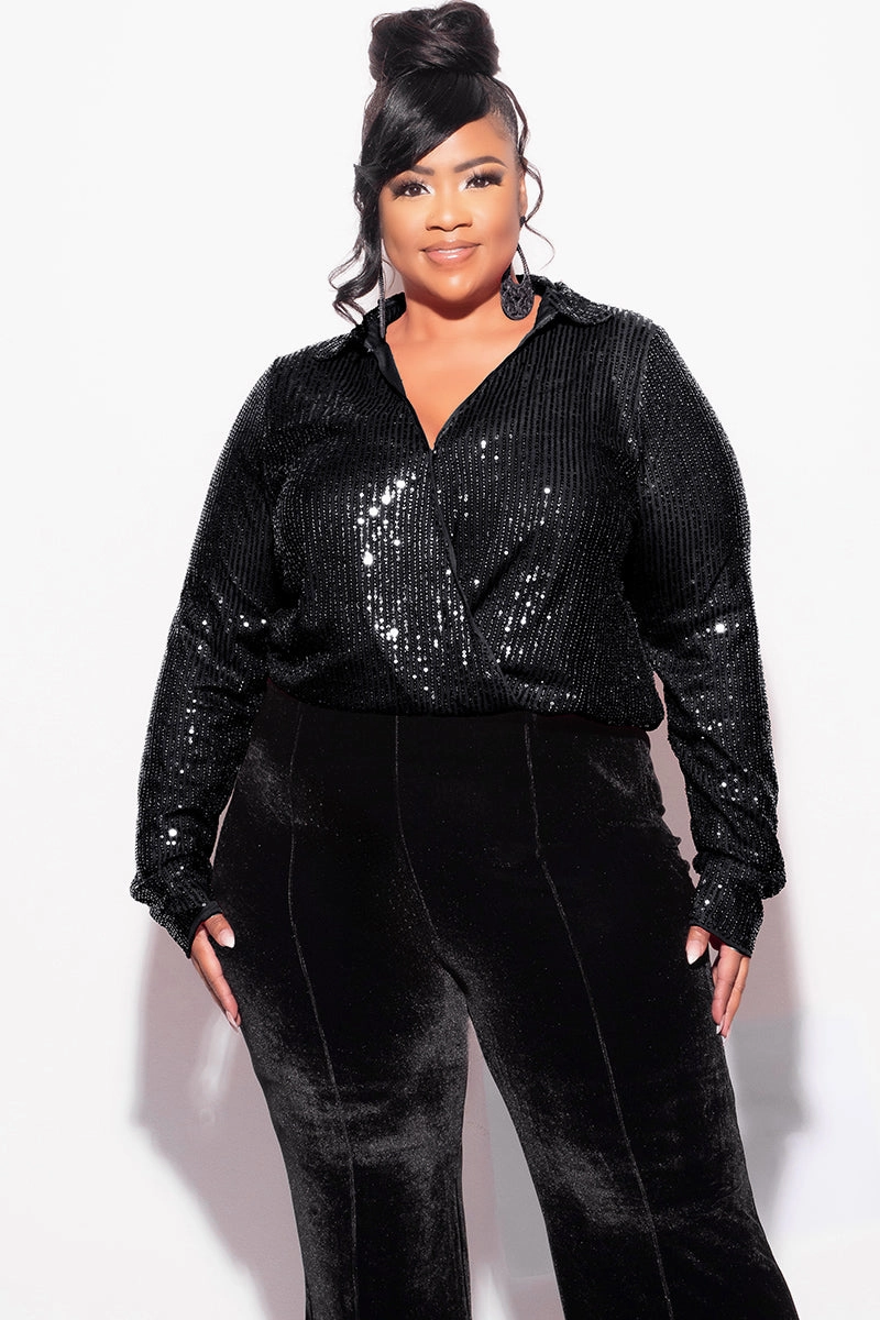 Final Sale Plus Size Long Sleeve Sequin Top Elastic At The Waist - Black DoubleLayered Neckline