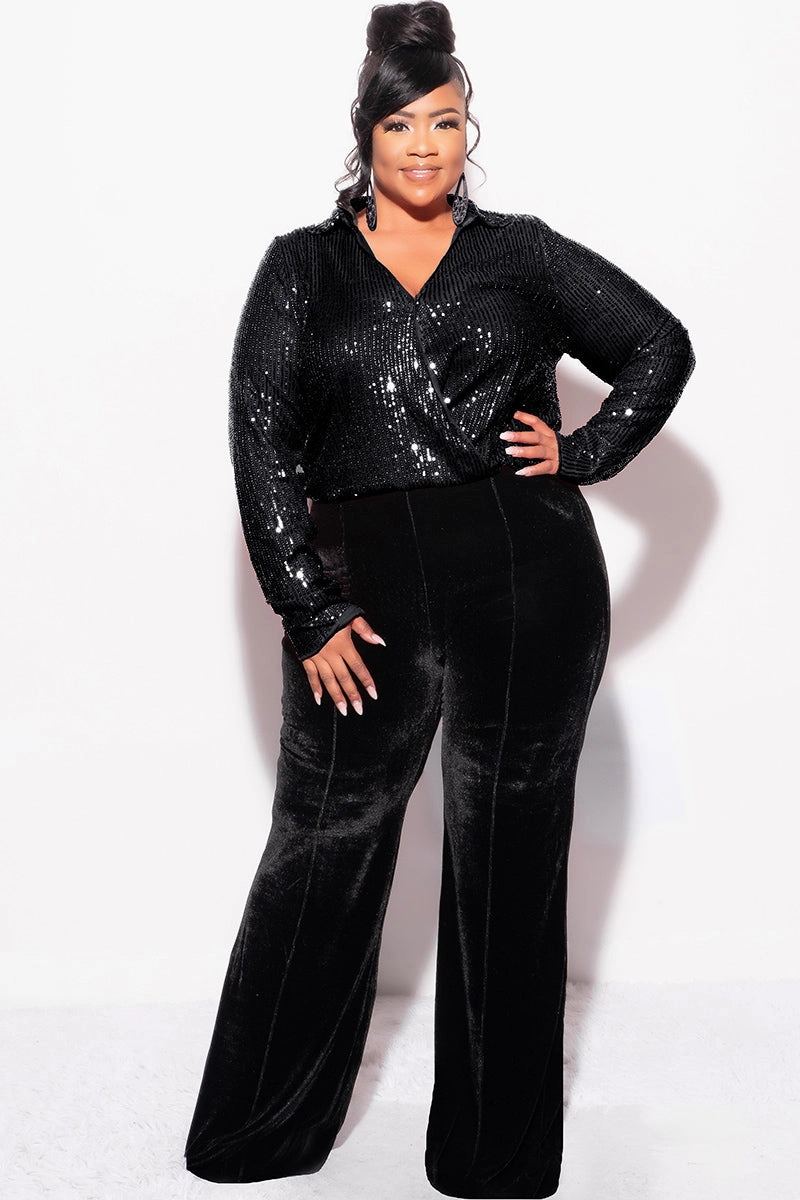Easy Style Wear Urban Streetwear Final Sale Plus Size Long Sleeve Sequin Top Elastic At The Waist - Black