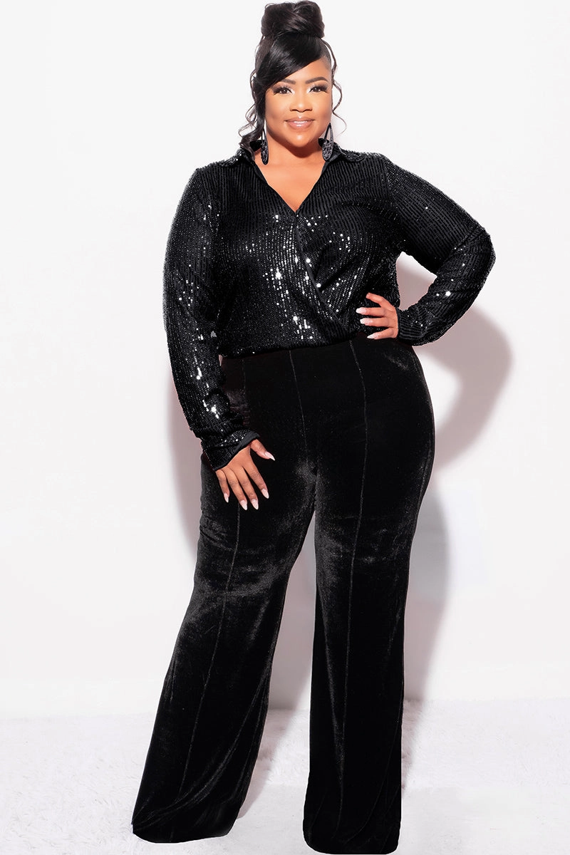 Final Sale Plus Size Long Sleeve Sequin Top Elastic At The Waist - Black standard fit Tear Resistant