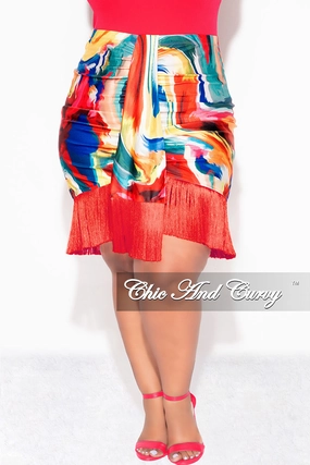 Light Reflective Details Final Sale Plus Size Ruched Skirt with Fringe Bottom in Red Multi Color Print