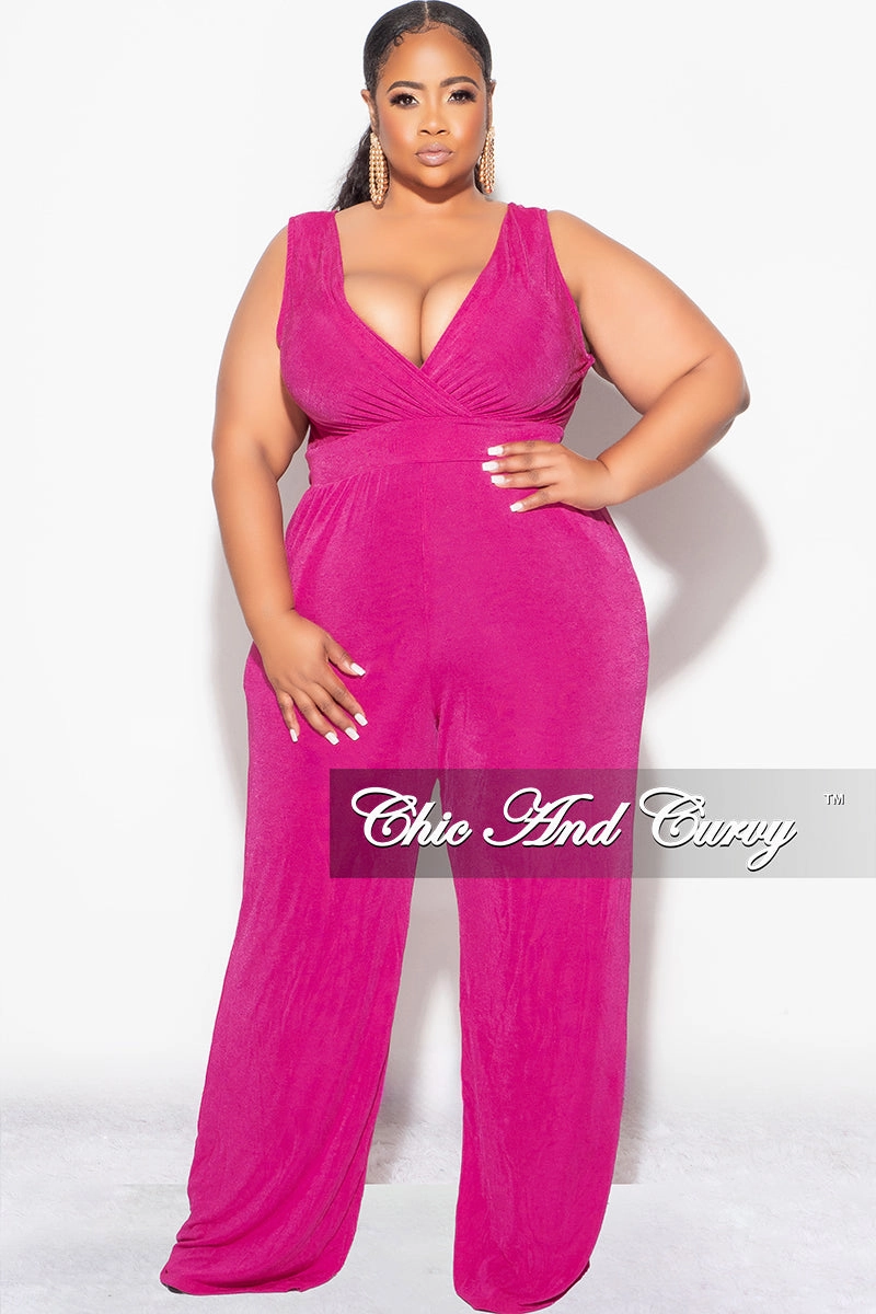 Final Sale Plus Size Sleeveless Faux Wrap Jumpsuit in Fuchsia Slinky Fabric Timeless Design