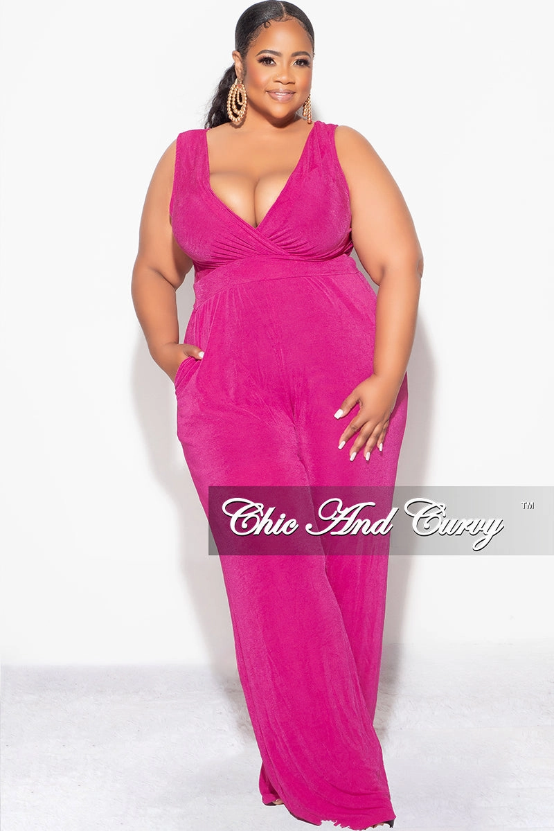 Water-resistant Final Sale Plus Size Sleeveless Faux Wrap Jumpsuit in Fuchsia Slinky Fabric
