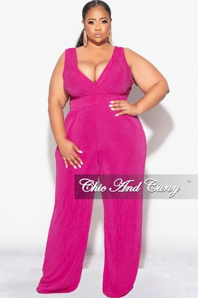 Slim Profile Final Sale Plus Size Sleeveless Faux Wrap Jumpsuit in Fuchsia Slinky Fabric