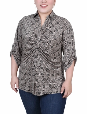 TonalStitching Plus Size 3/4 Roll Tab Rouched-Front Top