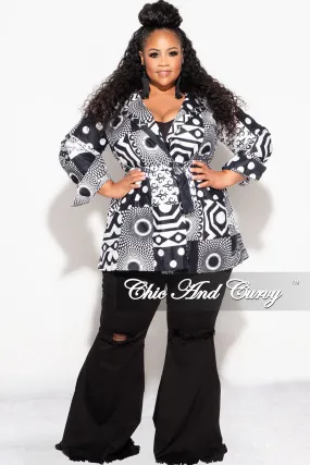 Final Sale Plus Size Blazer Jacket with Belt in Black and White Design Print Fitted Design