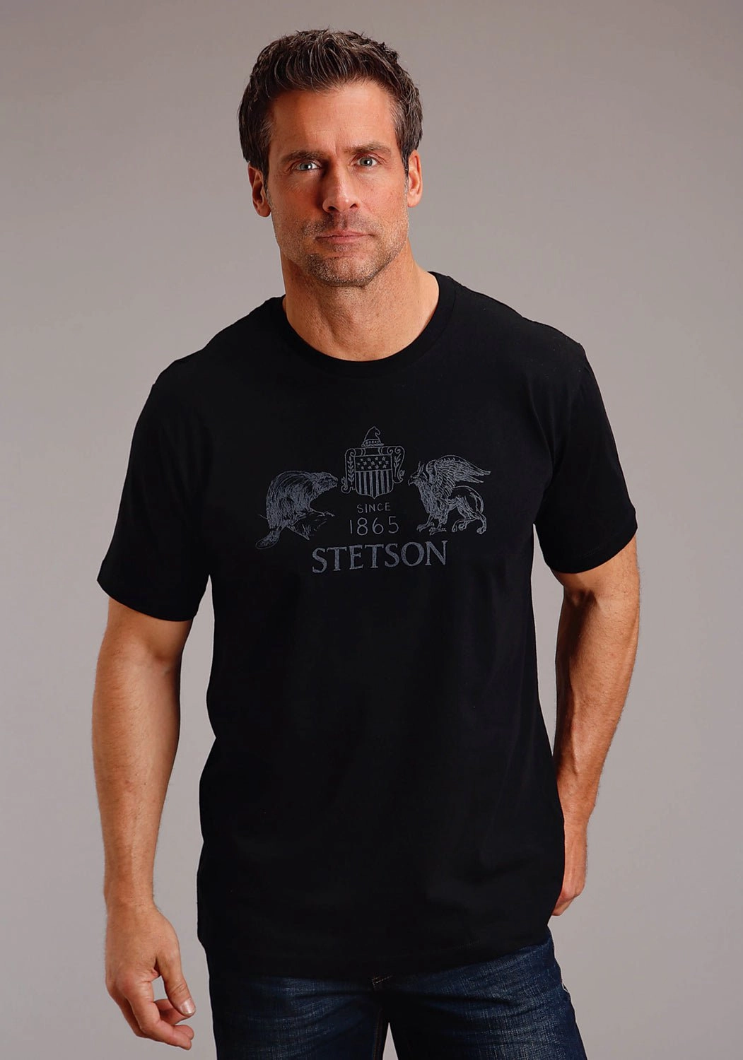 Pullover Drop Shoulder Design Stetson Mens Beaver Eagle Drawing Black 100% Cotton S/S T-Shirt