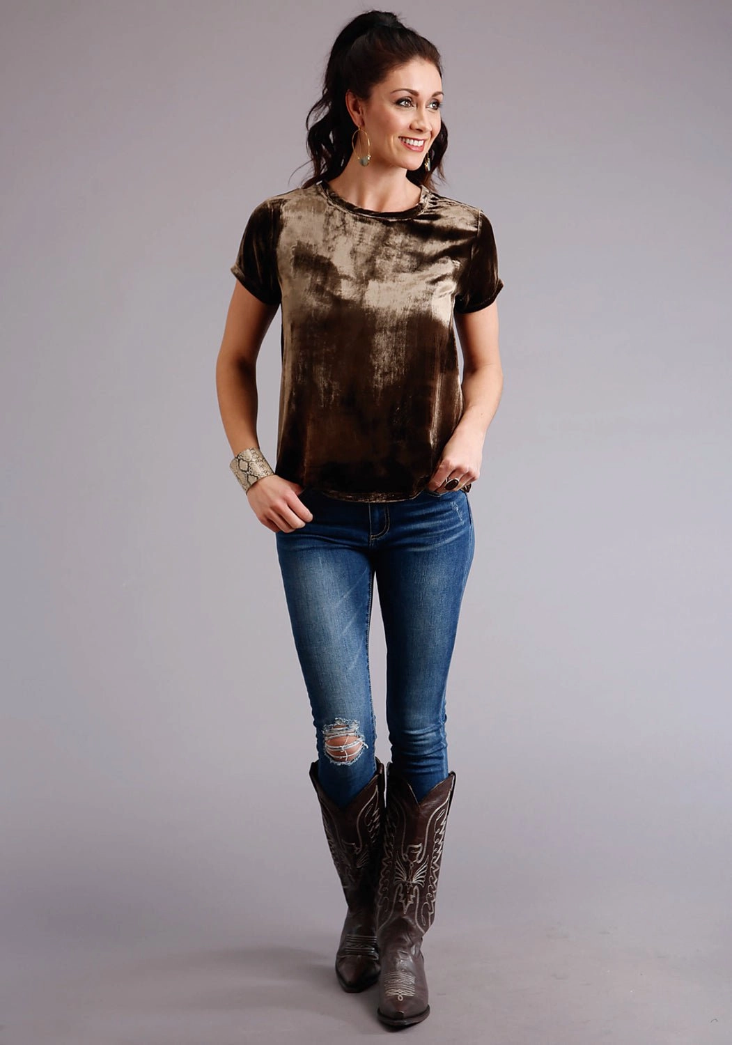 Timeless elegance Flexible Placket Structure Stetson Womens Chocolate Rayon Bronze Velvet S/S T-Shirt