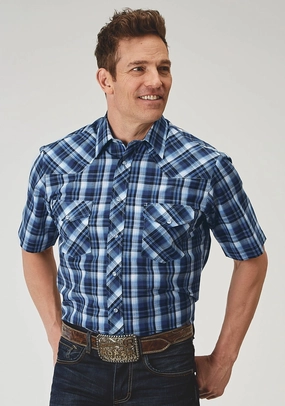 Roper Mens Tall Midnight Plaid Blue Cotton Blend S/S Shirt Versatile Look Smooth Stitch Pattern