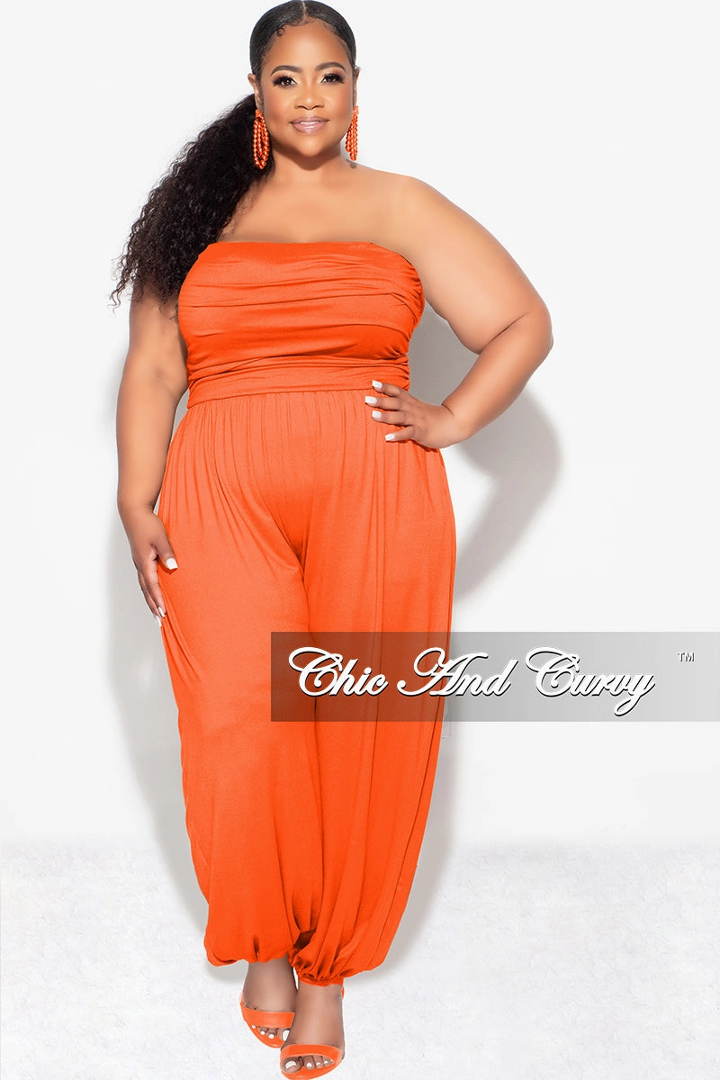 Final Sale Plus Size Strapless Jumpsuit in Orange Elastic Free Cuffs Minimal Waist