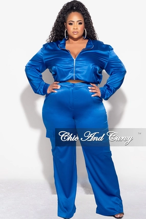 Quick Cool Final Sale Plus Size 2pc Sleek Bomber Jacket and Pants Set in Royal Blue