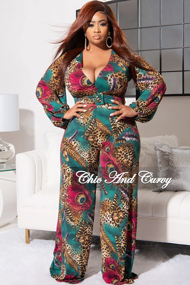 Final Sale Plus Size Faux Wrap Animal Print Jumpsuit in Cranberry & Teal Freedom Fit Stretch Layer Fit