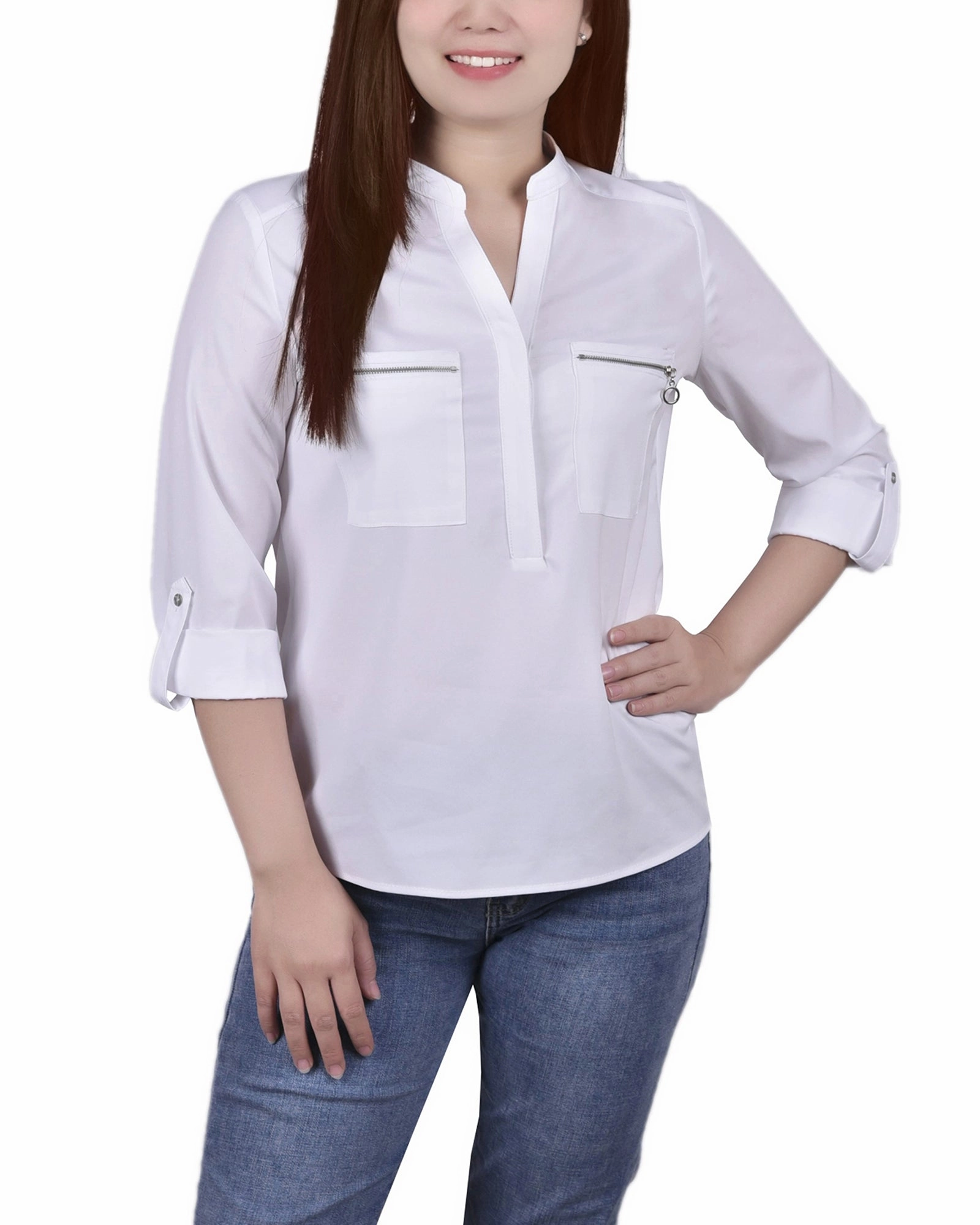 Quick Release Fasteners Eco friendly materials 3/4 Roll Tab Hi Lo Y Neck Blouse