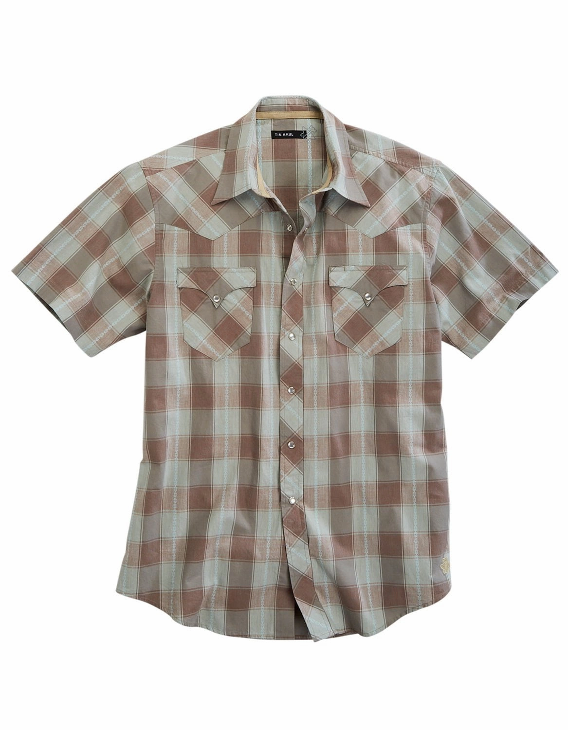 Tin Haul Mens Sand Check Dobby Brown 100% Cotton S/S Shirt Snag Free Surface Classic Color