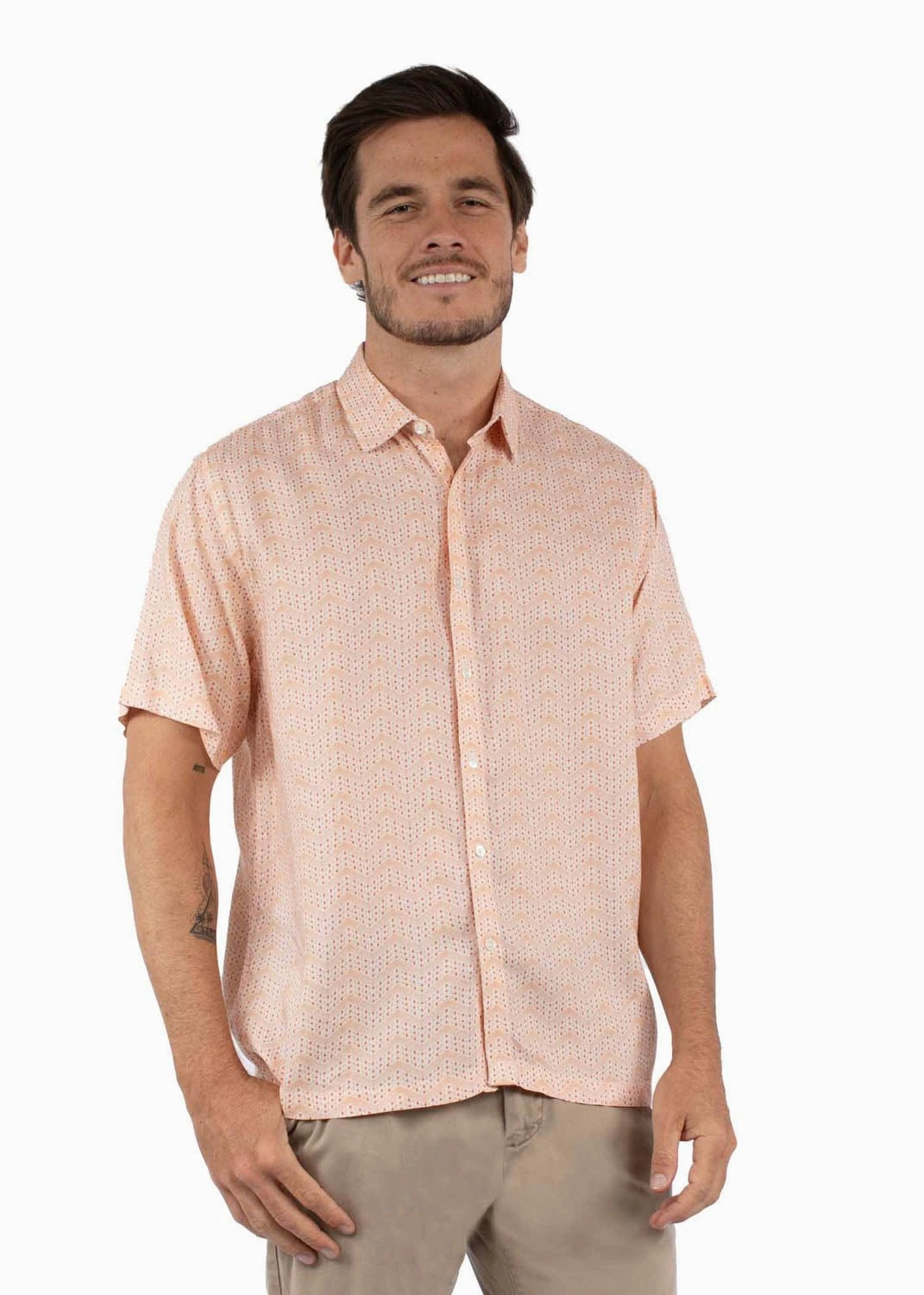 Scully Mens Scalloped Button Front Peach 100% Viscose S/S Shirt Weekend Casual Timeless elegance