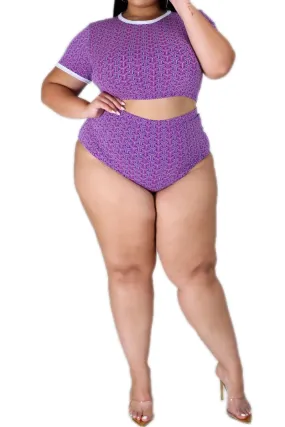 EcoFriendlyMaterial Flexible Use Final Sale Plus Size 2-Piece Poolside Playsuit (Top & Bottom) in Purple Puzzle Print