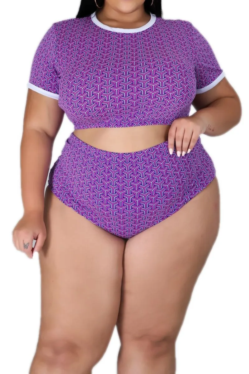 Workwear Sleek Appearance Final Sale Plus Size 2-Piece Poolside Playsuit (Top & Bottom) in Purple Puzzle Print
