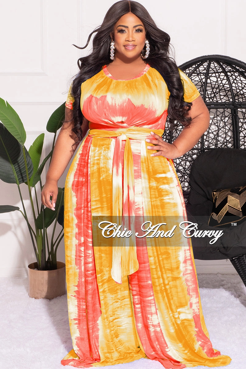 Final Sale Plus Size 2pc Set Cropped Tie Top & Pants in Yellow Pink and White Tie Dye Print Comfort Design