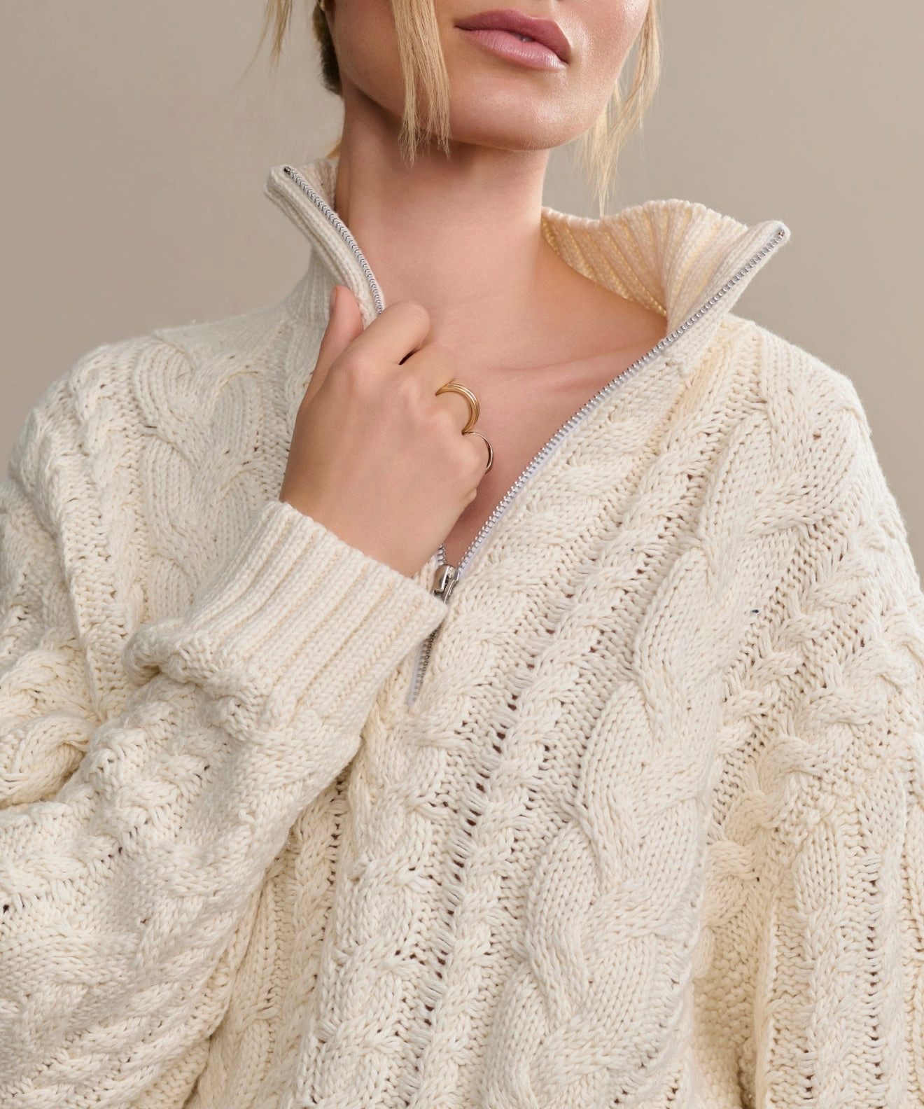 Flexible Side Gusset WrinkleResistant Knit Cotton Cable Half Zip