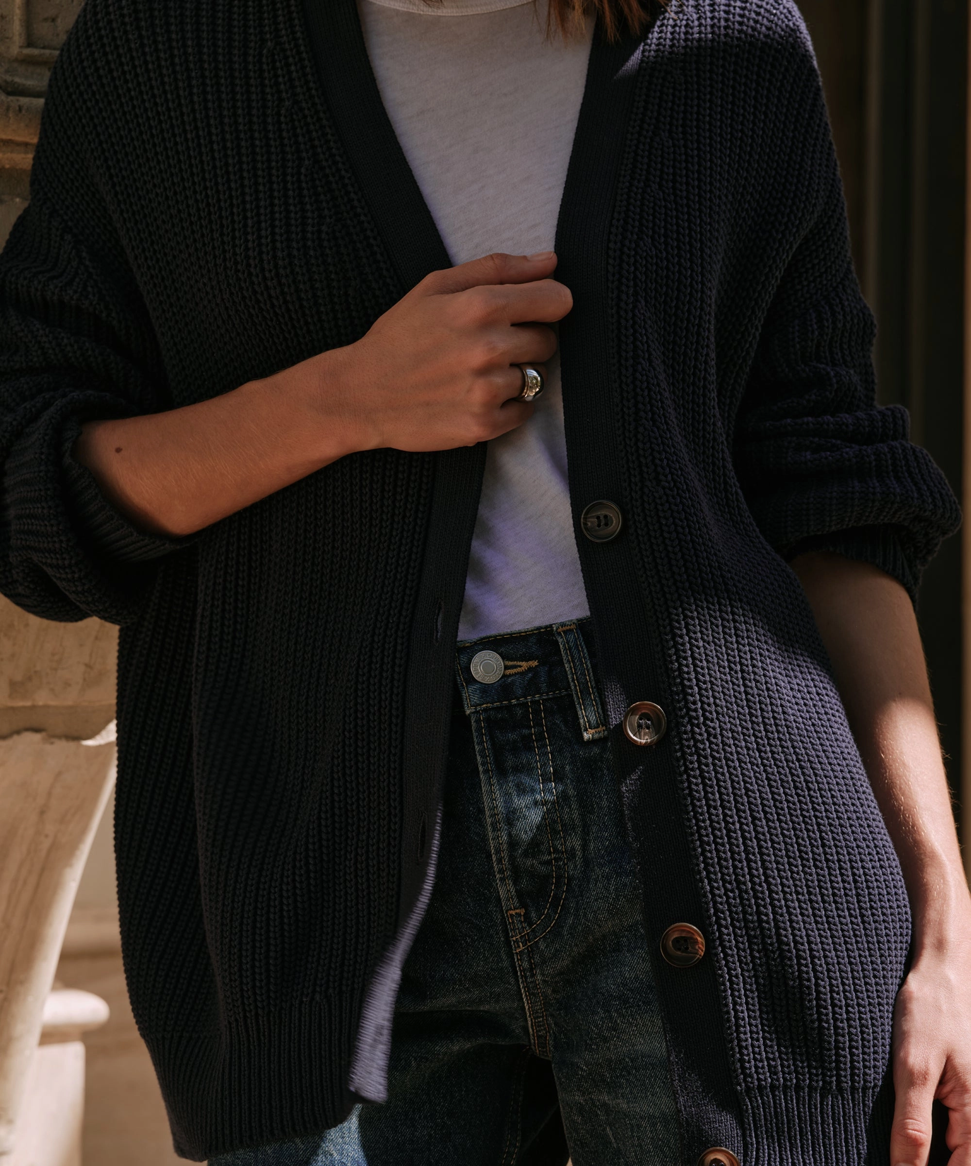 Cotton Cocoon Cardigan Layered Stitch Detail