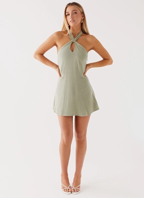 Counting Stars Linen Halterneck Dress - Sage Glossy Detail