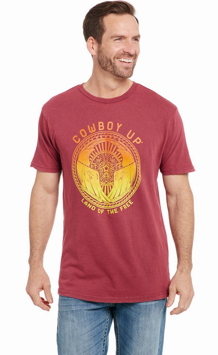 Cowboy Up Mens Land Of The Free Vintage Red 100% Cotton S/S T-Shirt Effortless Wear Trendy Casual Wear