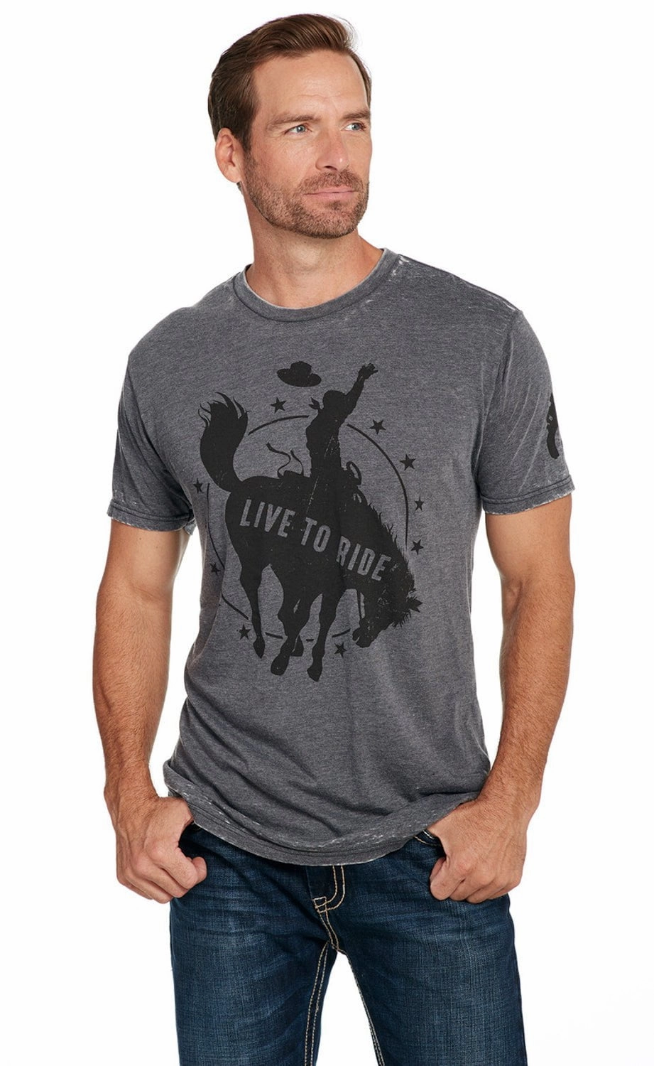 Cowboy Up Mens Live To Ride Vintage Grey 100% Cotton S/S T-Shirt Classic timelessness Performance Fit