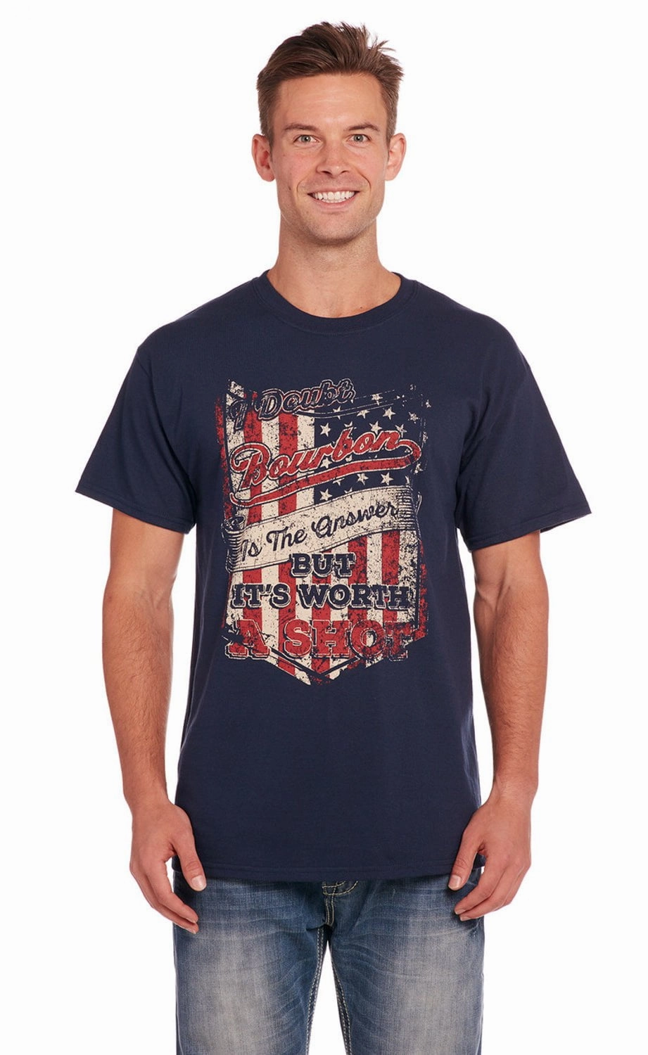 FlexibleCollarOptions Cowboy Up Mens Worth A Shot Navy Cotton Blend S/S T-Shirt