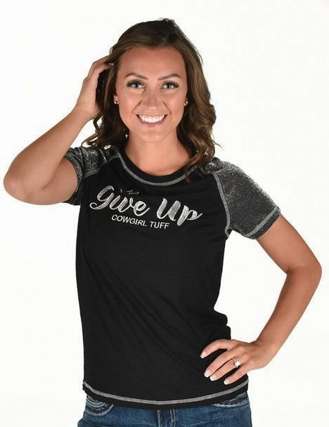 Cowgirl Tuff Womens Never Give Up Shimmer Black Nylon S/S T-Shirt Non Iron Fabric Work Appropriate