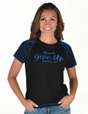 Trendy designs Layered Sleeve Cuffs Cowgirl Tuff Womens Never Give Up Shimmer Blue Nylon S/S T-Shirt