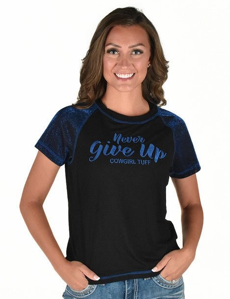 Easy Styling Tall friendly Cowgirl Tuff Womens Never Give Up Shimmer Blue Nylon S/S T-Shirt