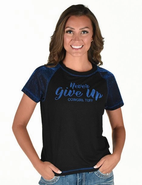 Trendy designs Layered Sleeve Cuffs Cowgirl Tuff Womens Never Give Up Shimmer Blue Nylon S/S T-Shirt
