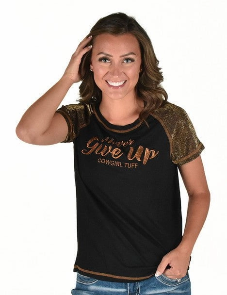 Cowgirl Tuff Womens Never Give Up Shimmer Copper Nylon S/S T-Shirt Reinforced Hems Snag Resistant Fabric