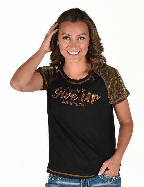 Cowgirl Tuff Womens Never Give Up Shimmer Copper Nylon S/S T-Shirt hypoallergenic