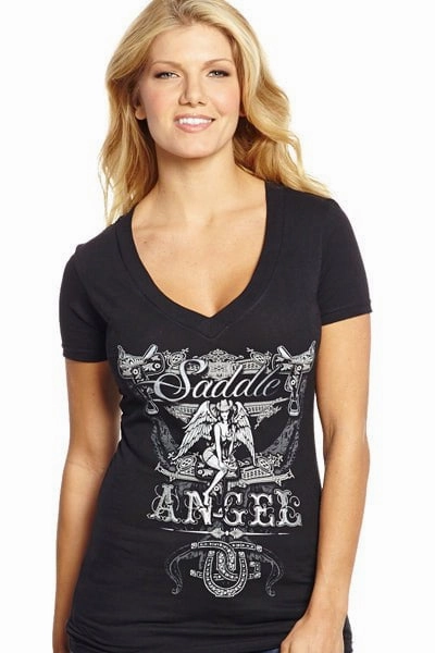 Fashionable Pick Tagless label Cowgirl Up Womens Black Cotton S/S T-Shirt Saddle Angel V-Neck