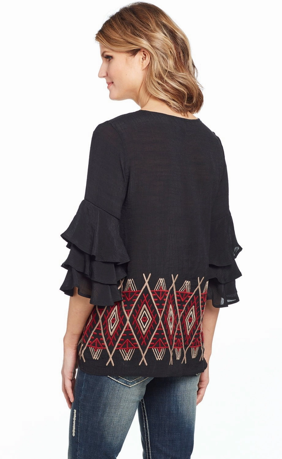 Soft Touch Fabric Fall Fashion Cowgirl Up Womens Black/Red Rayon Geometric Ruffle Blouse S/S