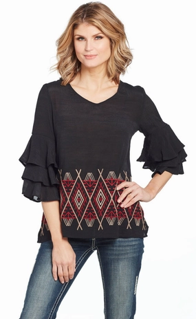 Corporate Event Cowgirl Up Womens Black/Red Rayon Geometric Ruffle Blouse S/S