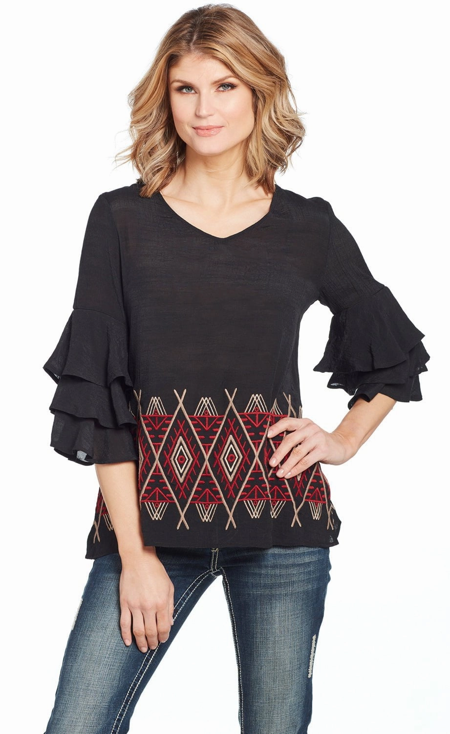 Corporate Event Cowgirl Up Womens Black/Red Rayon Geometric Ruffle Blouse S/S