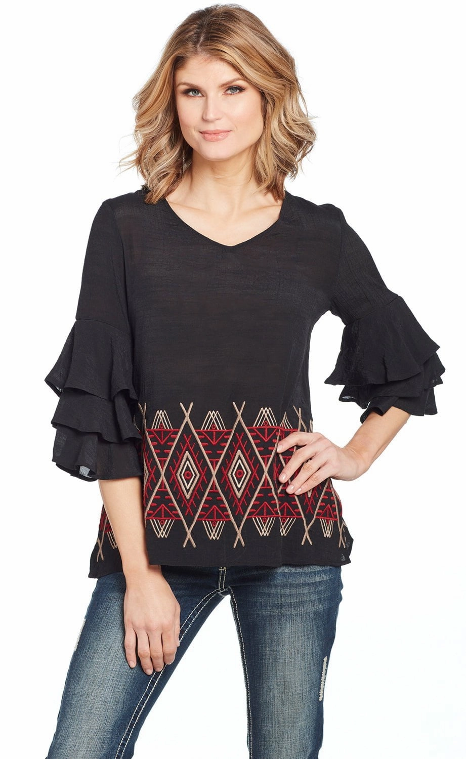 Cowgirl Up Womens Black/Red Rayon Geometric Ruffle Blouse S/S Youthful Appeal