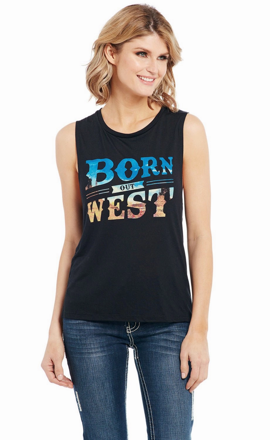 UV Protective Fabric Cowgirl Up Womens Born Out West Muscle Black Polyester S/L T-Shirt