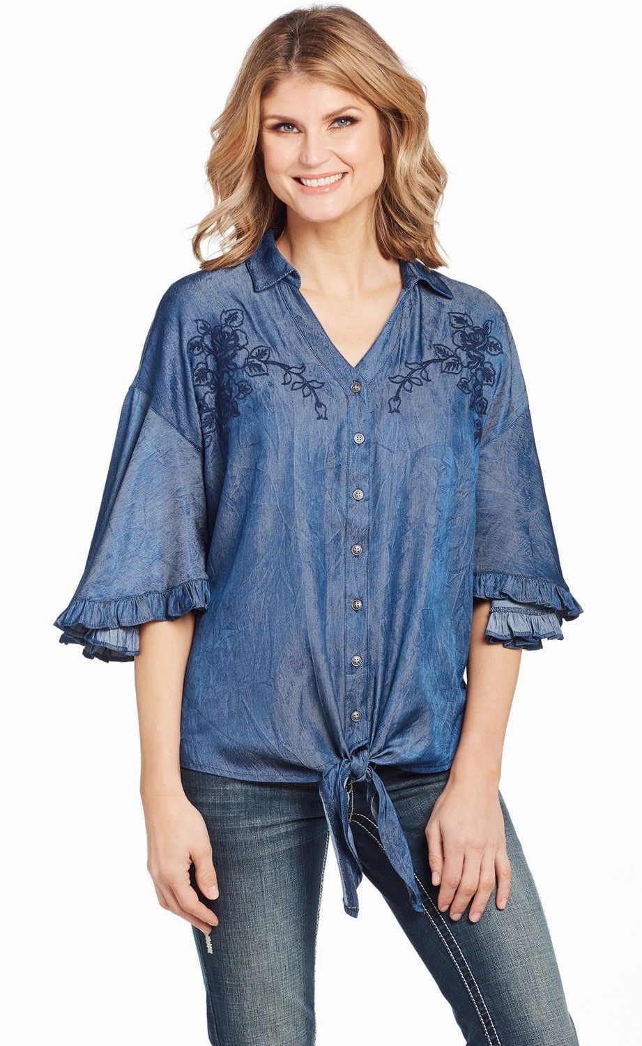 Cowgirl Up Womens Denim Polyester V-Neck Ruffle Blouse S/S No Slip Shoulder Grips Multi Layer Stitching