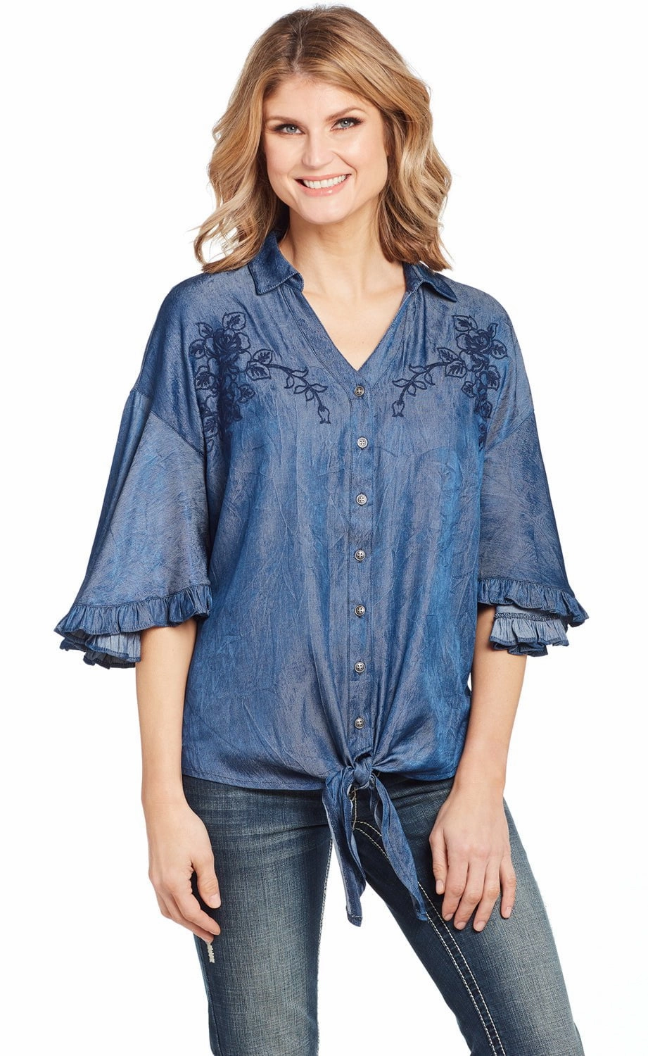 All-Weather Ready Hidden Placket Cowgirl Up Womens Denim Polyester V-Neck Ruffle Blouse S/S