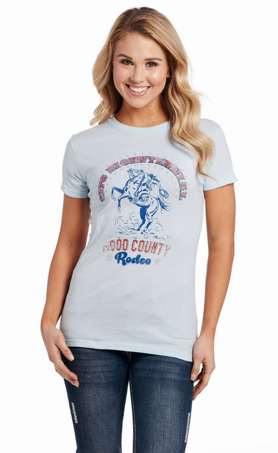 Winter Fashion Cowgirl Up Womens Hood County Rodeo Light Blue 100% Cotton S/S T-Shirt