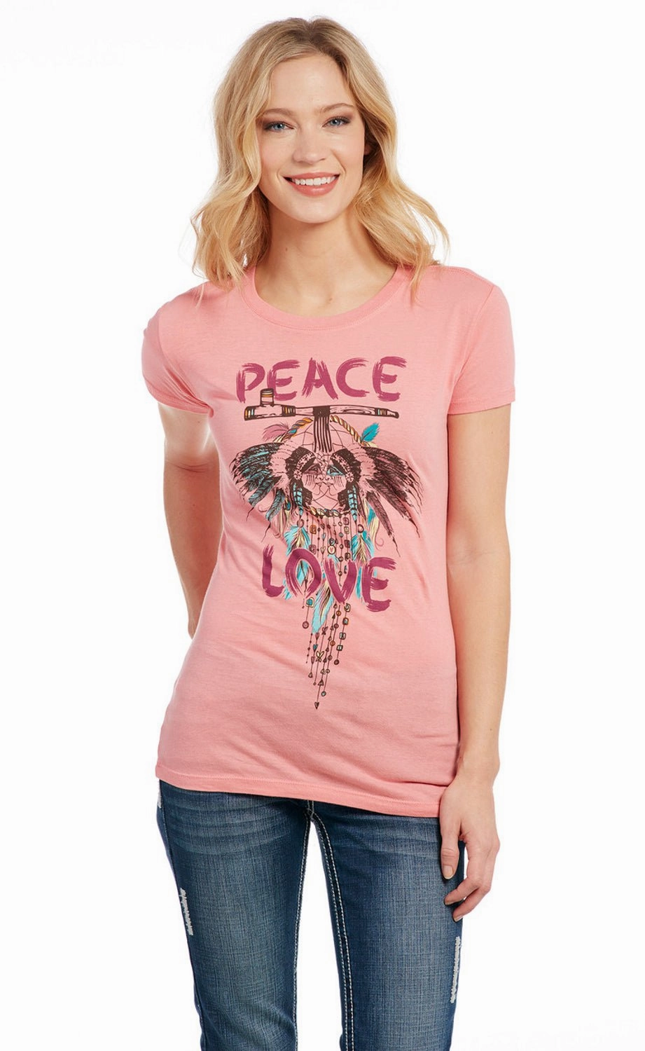 Cowgirl Up Womens Peace and Love Pink 100% Cotton S/S T-Shirt No Slip Shoulder Grips Vintage Style