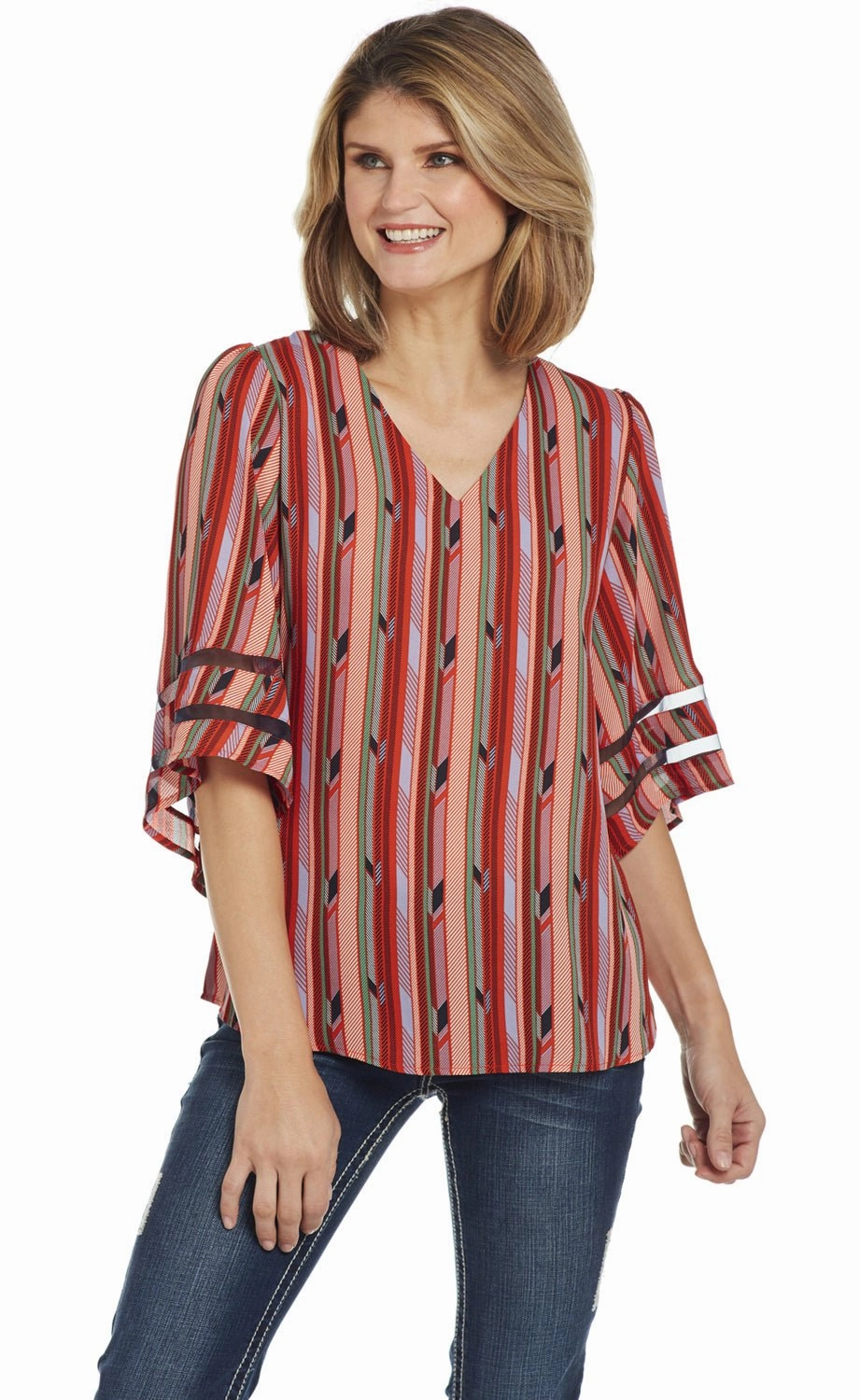Refined Aesthetic Creative Professional Cowgirl Up Womens Red/Green Polyester Striped Blouse S/S