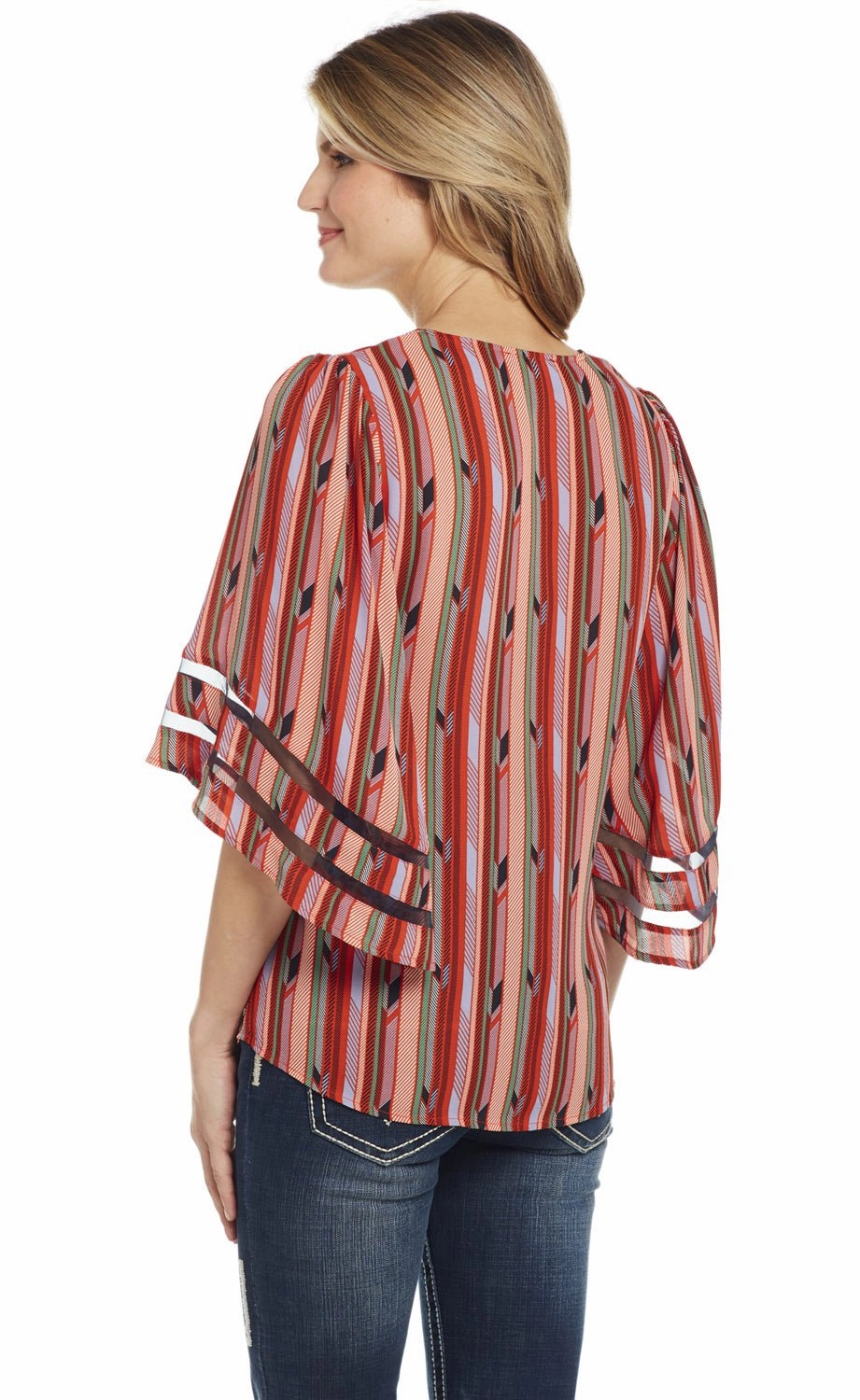 Cowgirl Up Womens Red/Green Polyester Striped Blouse S/S Split hem