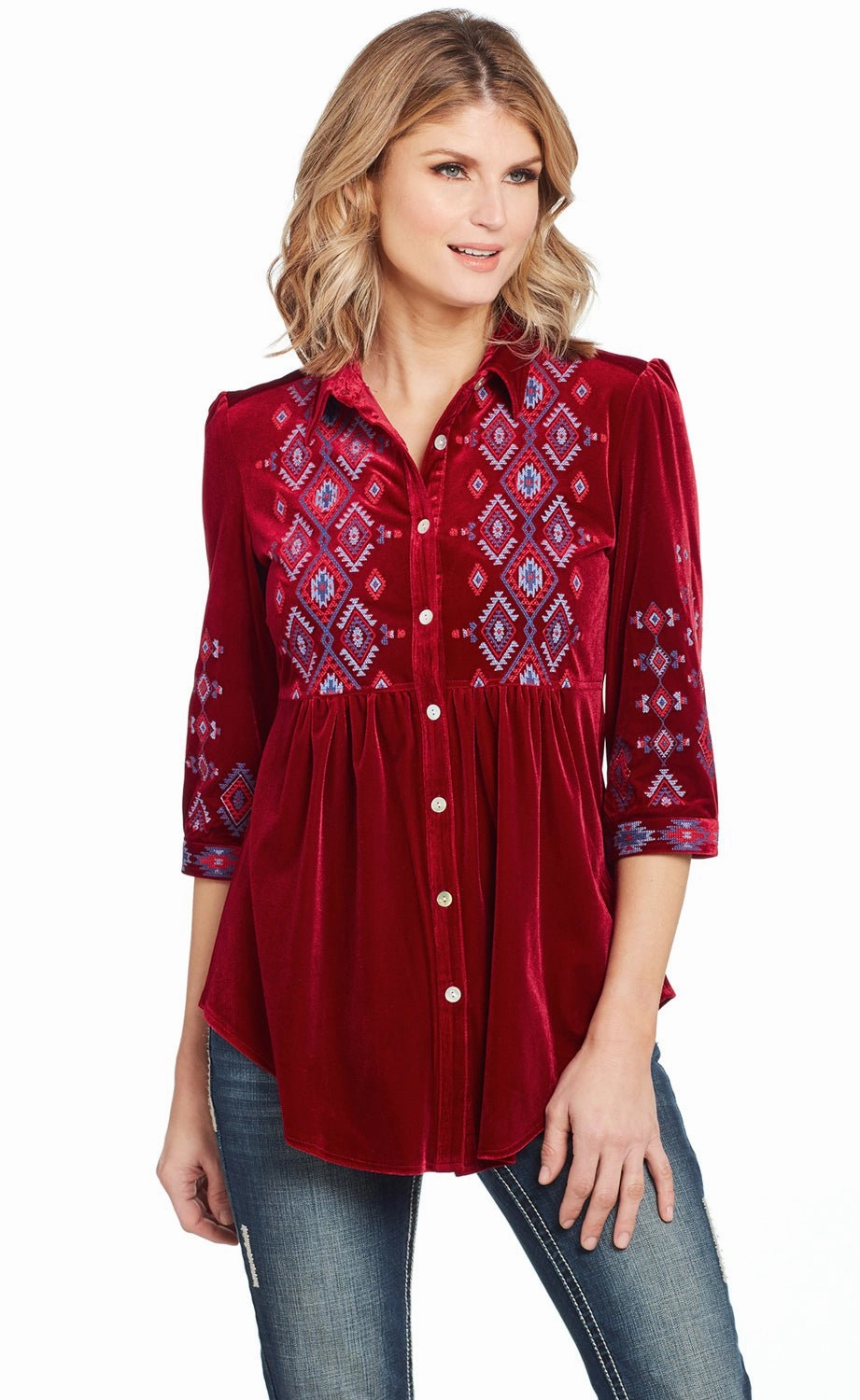 Lounge Wear Durable Thread Construction Cowgirl Up Womens Red Polyester Geometric Blouse S/S