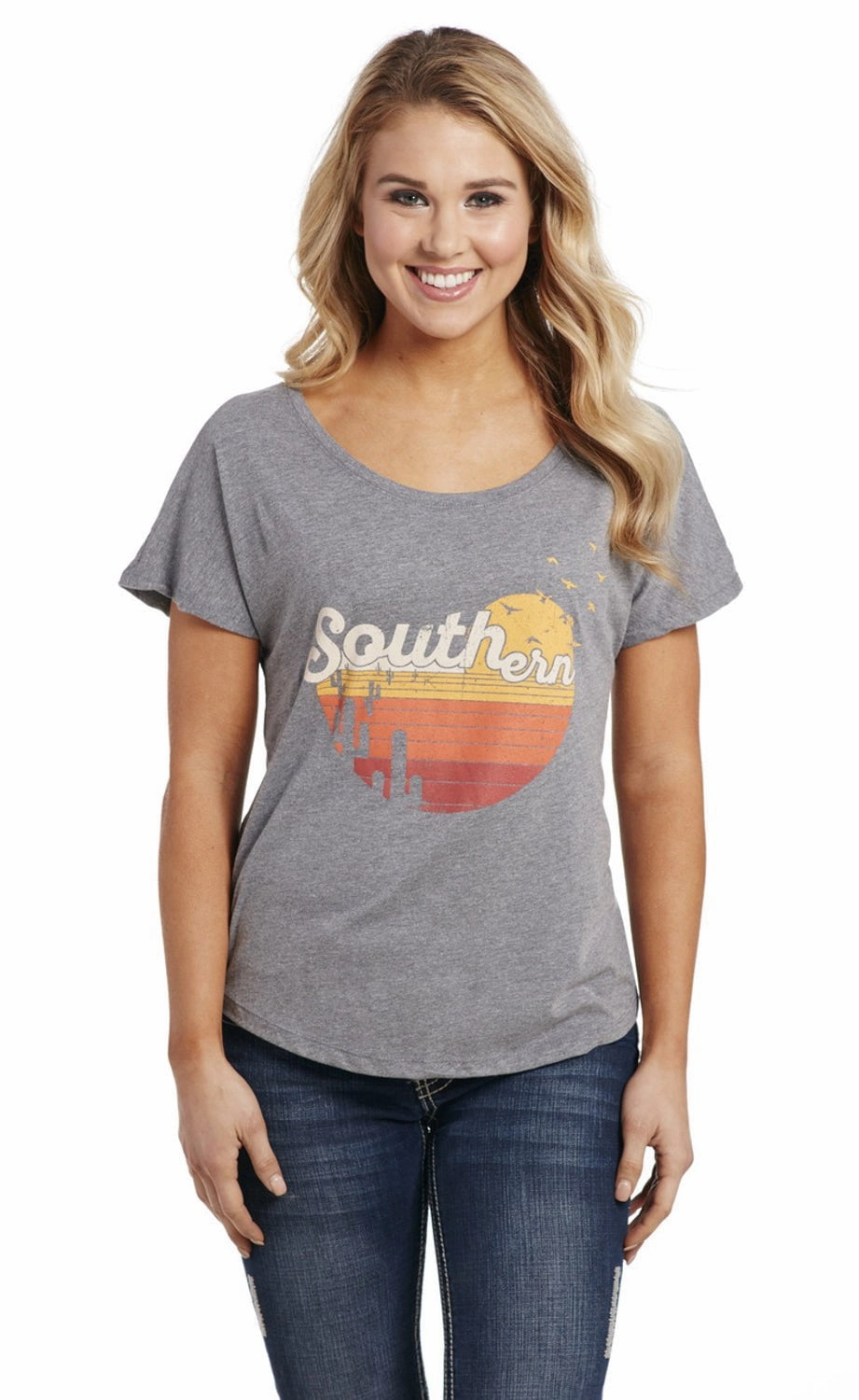 Lace Accent Cowgirl Up Womens Southern Scoop Heather Grey Cotton Blend S/S T-Shirt