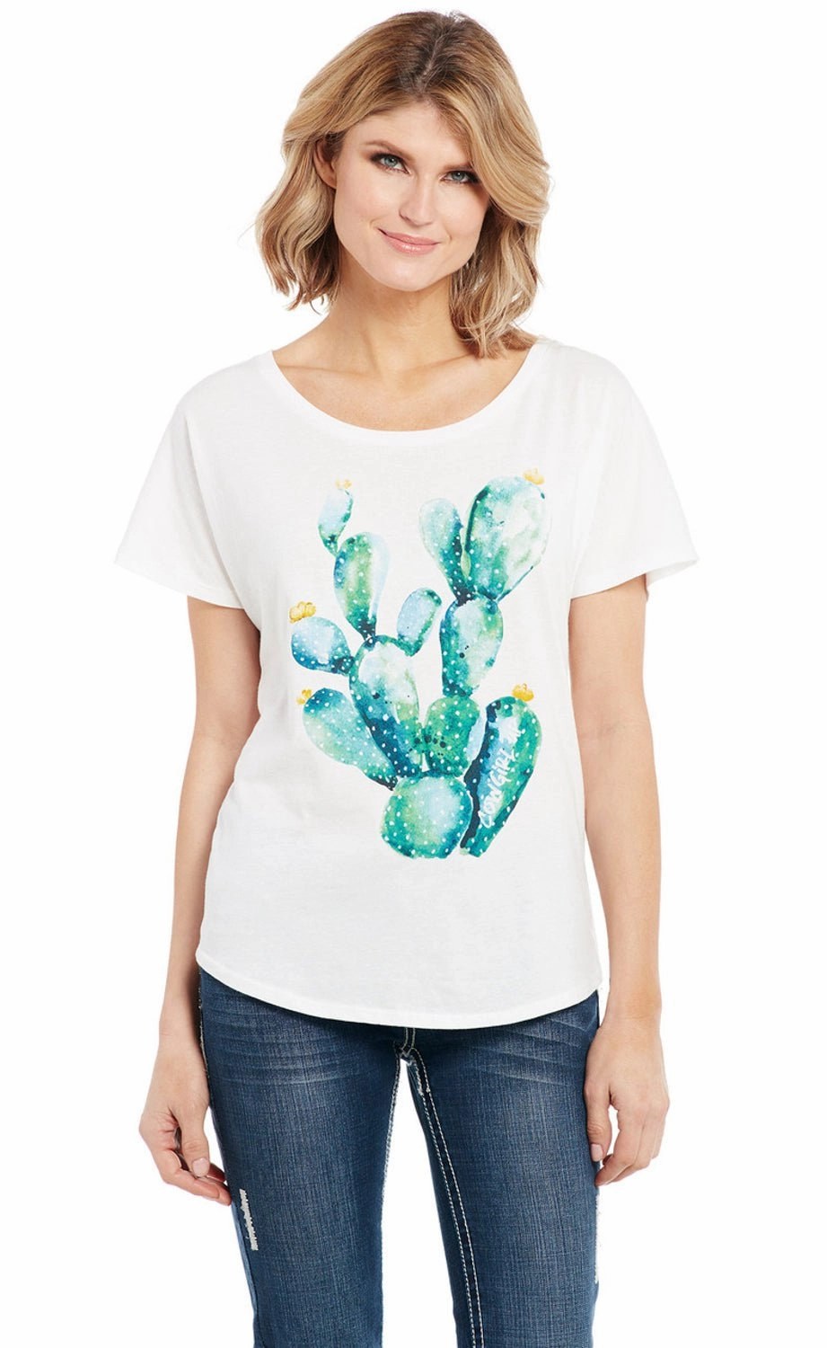Cowgirl Up Womens Watercolor Cactus White 100% Cotton S/S T-Shirt Weekend Adventure Work From Home